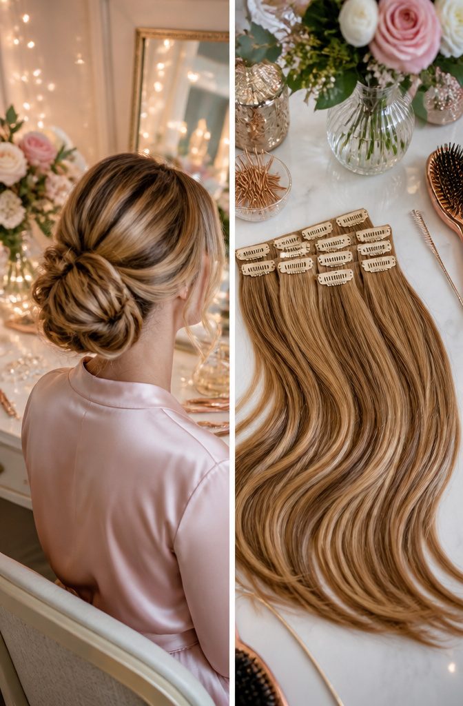 Hair extensions displayed next to a low bun hairstyle.