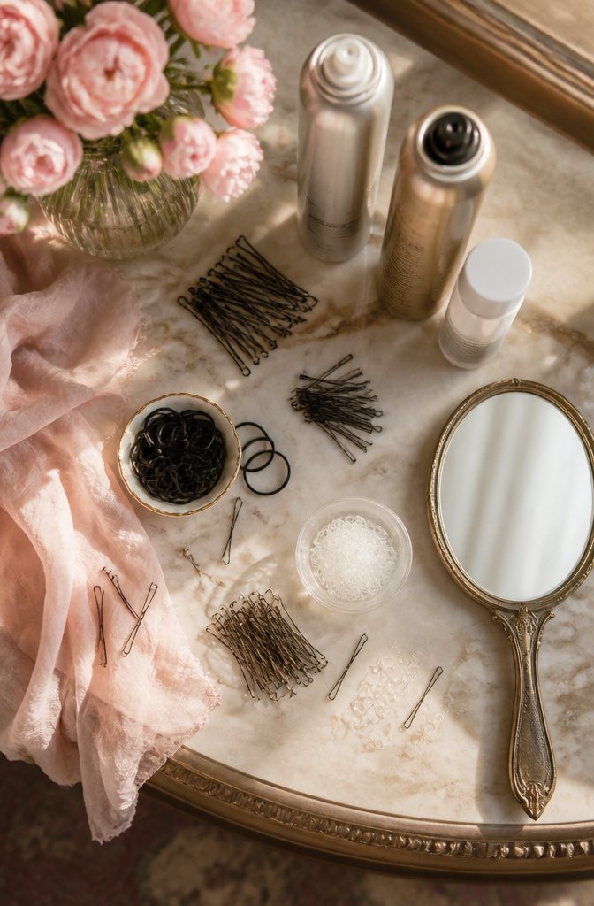 Bobby pins, hair ties, and hairspray for styling a low bun.