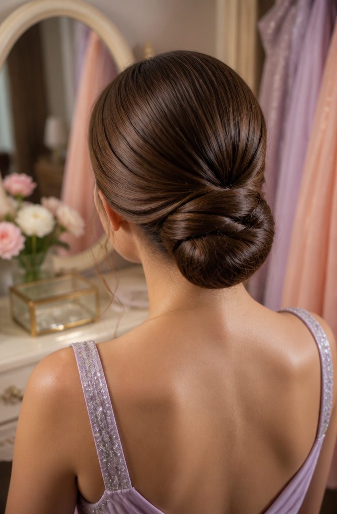 A smooth twisted low bun hairstyle.