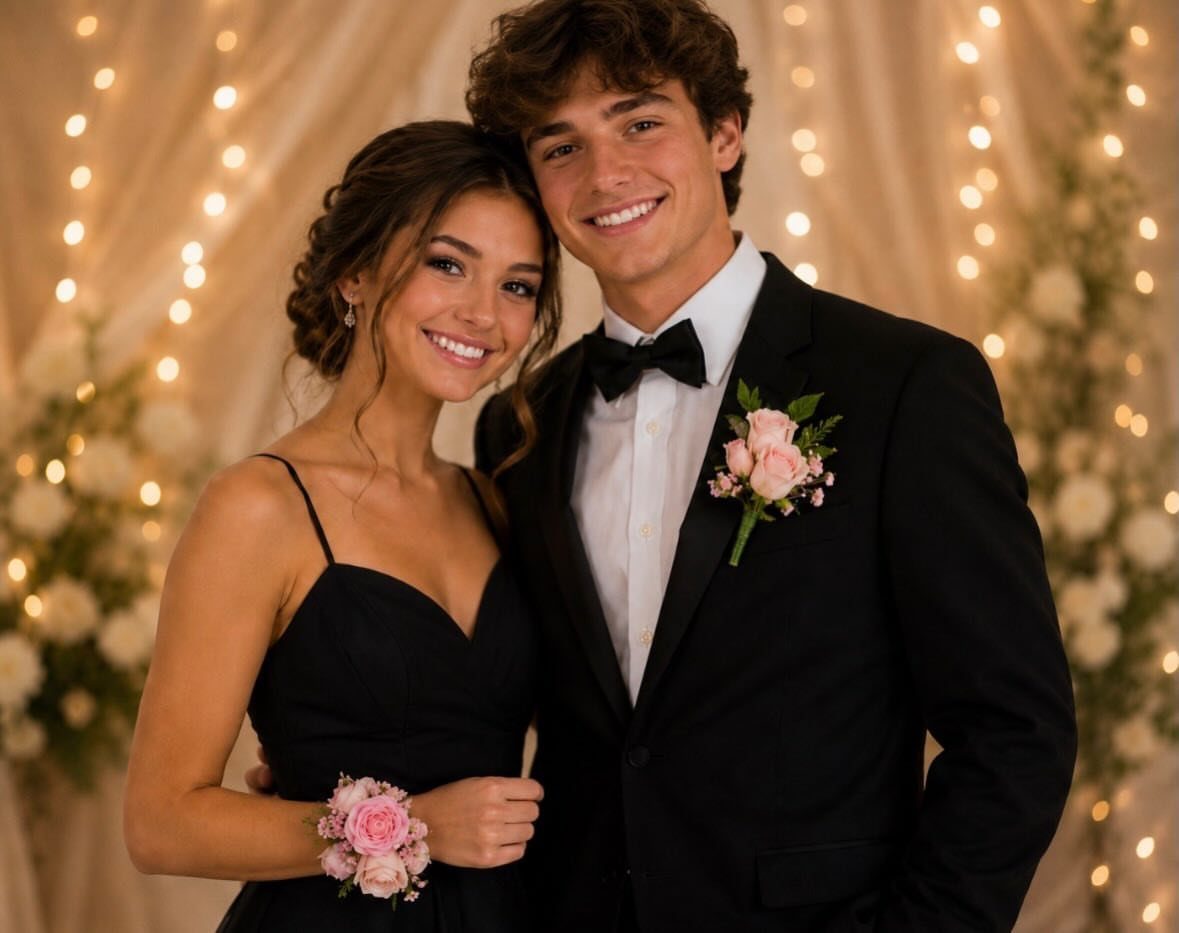 Young couple in formal prom attire posing closely against a glowing light backdrop.