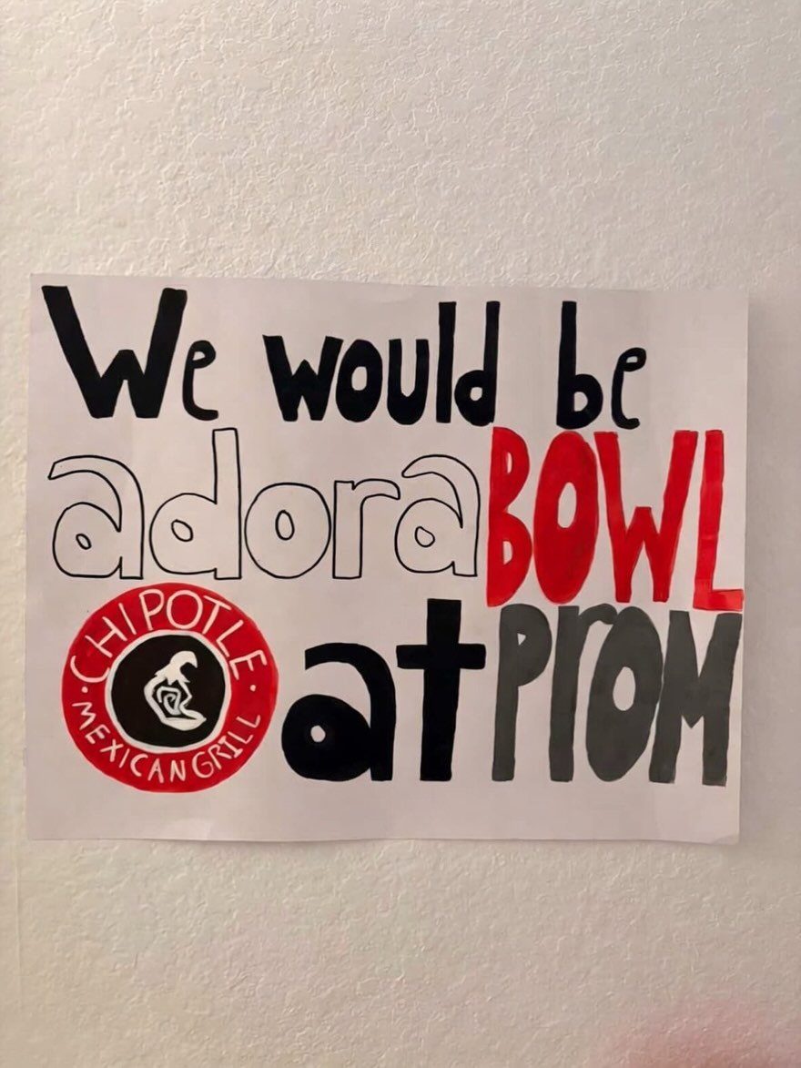 Hand-drawn prom proposal sign with a Chipotle logo and food-themed pun.