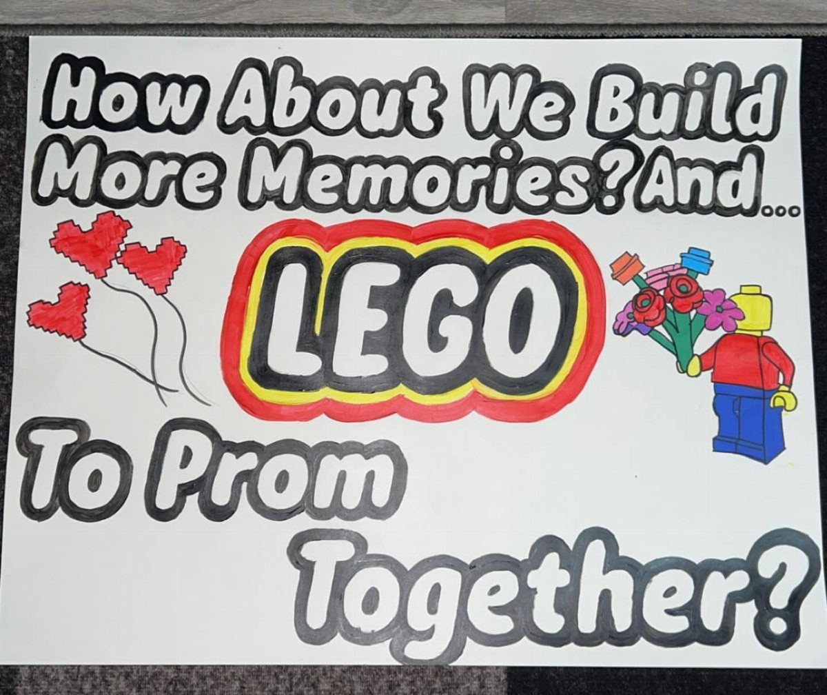 Hand-drawn prom proposal poster with LEGO theme, colorful text, and a LEGO figure.