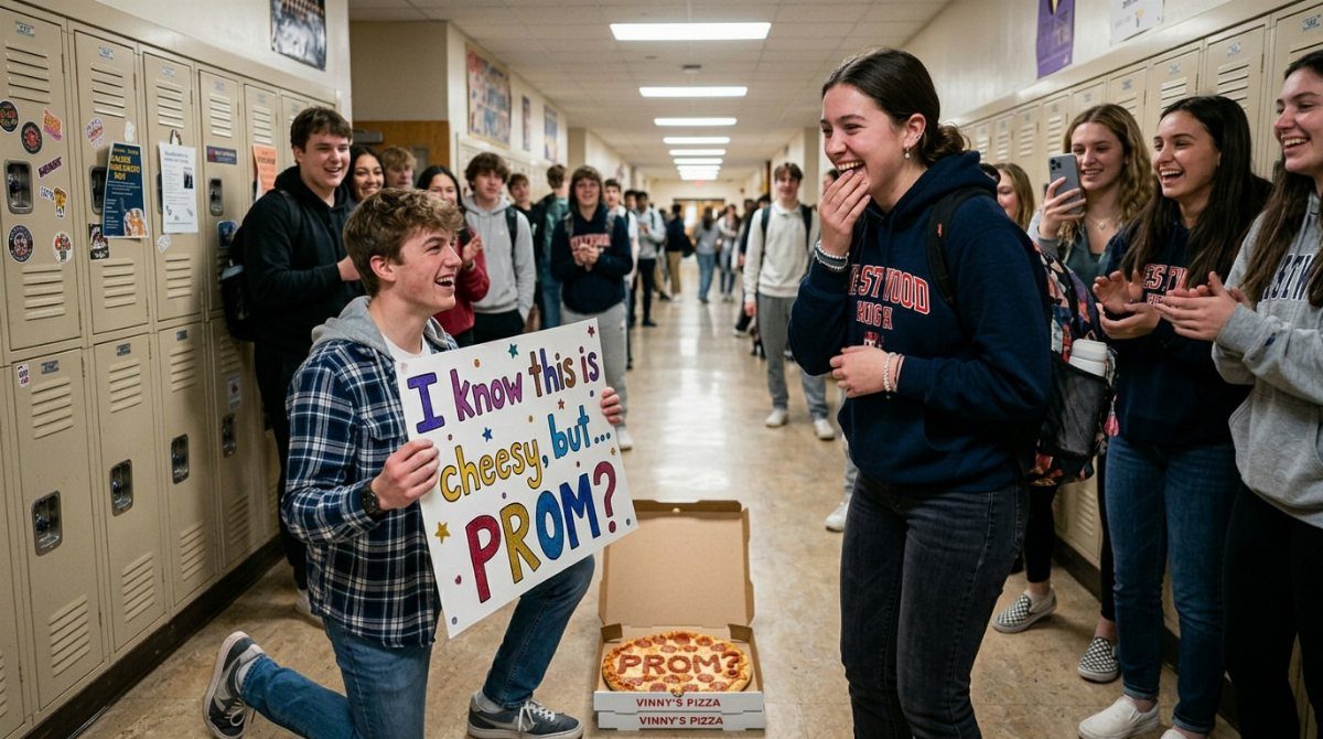Teenage boy kneeling in school hallway holding a prom proposal poster and pizza box