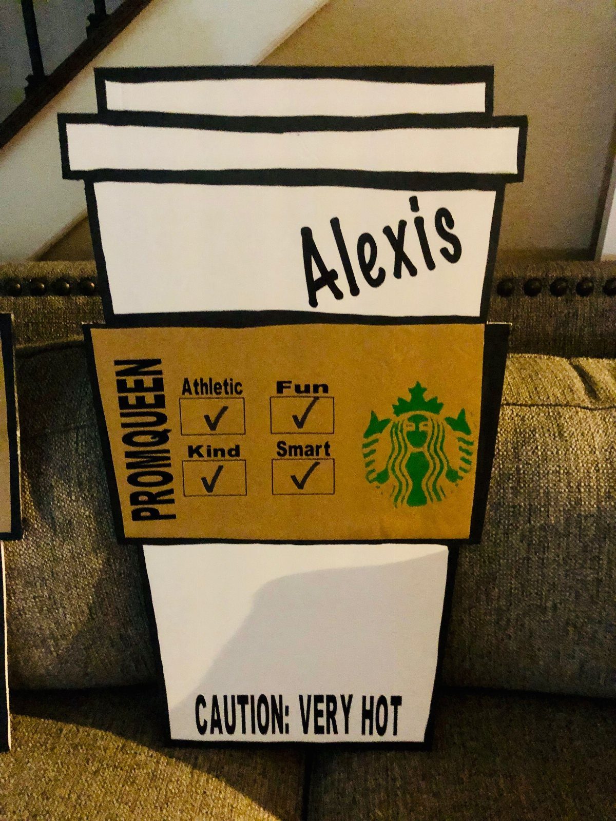 Handmade prom queen poster shaped like a coffee cup for a candidate named Alexis