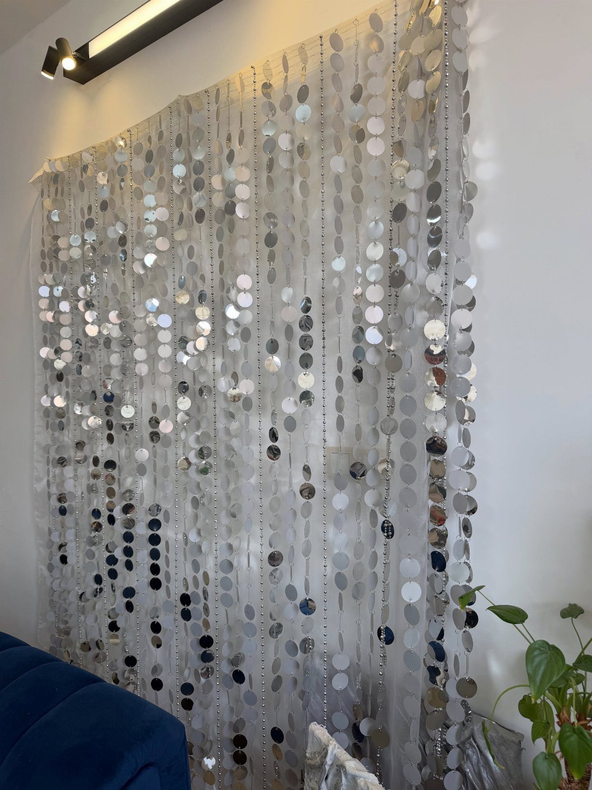 Silver sequin curtain hanging on a white wall with a green plant nearby.