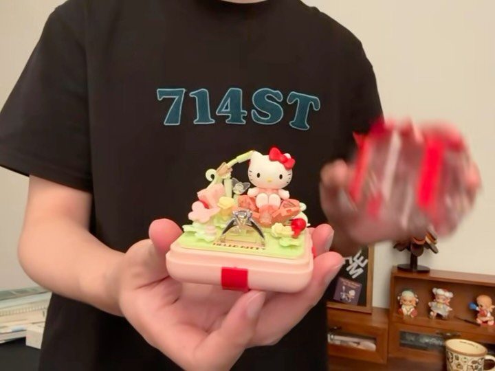 Pink decorative box with Hello Kitty figure and a silver ring held by person