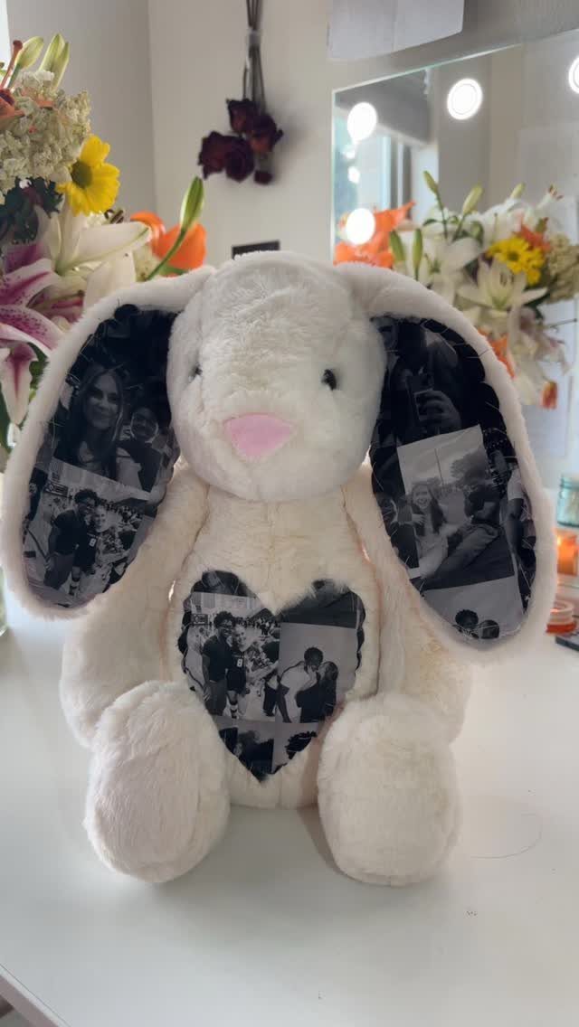 White plush bunny with personalized black and white photo collages on ears and chest