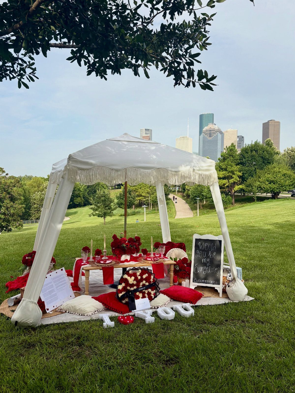 Romantic picnic setup with white canopy, red roses, and cushions on green grass.