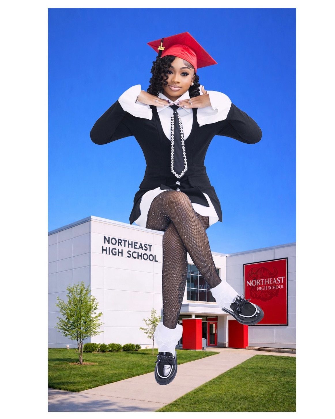 Graduating student in red cap and black blazer jumping before a high school building.