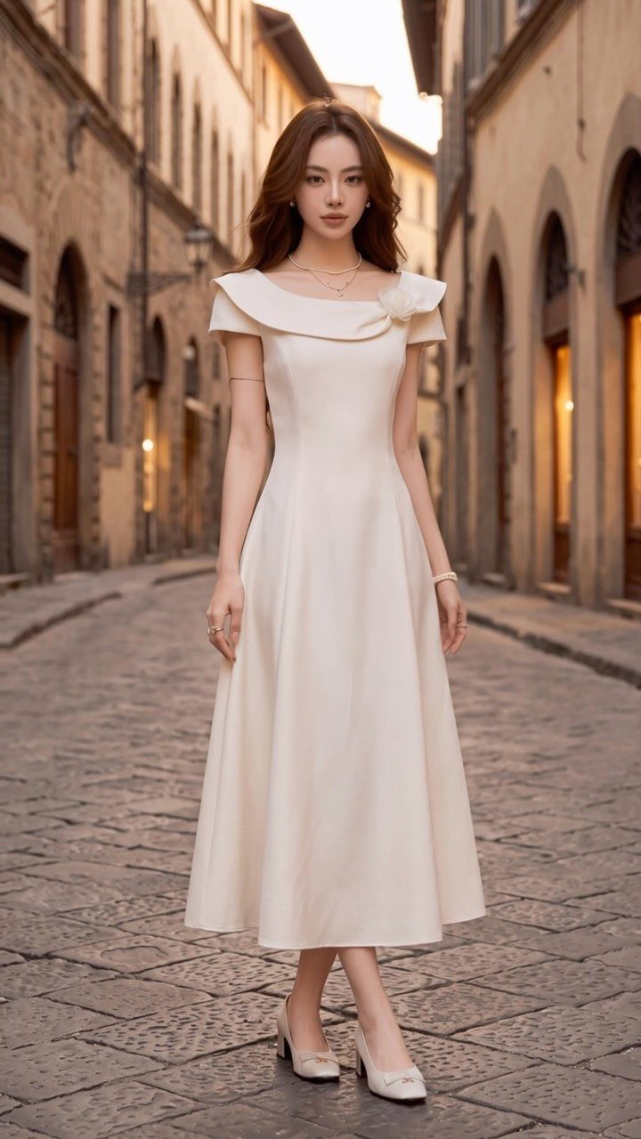 Young woman in a white tea-length dress posing on a cobblestone street.
