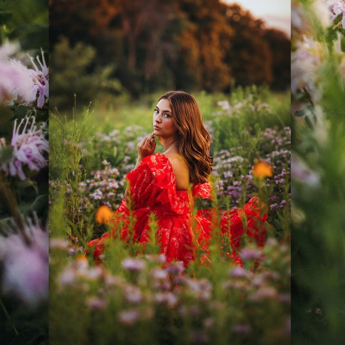 Young woman in a vibrant red ruffled dress posing in a wildflower field