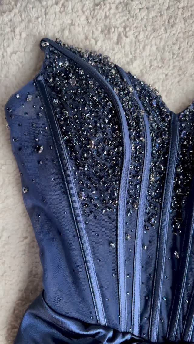 Navy blue dress bodice with corset boning and sparkling sequin embellishments