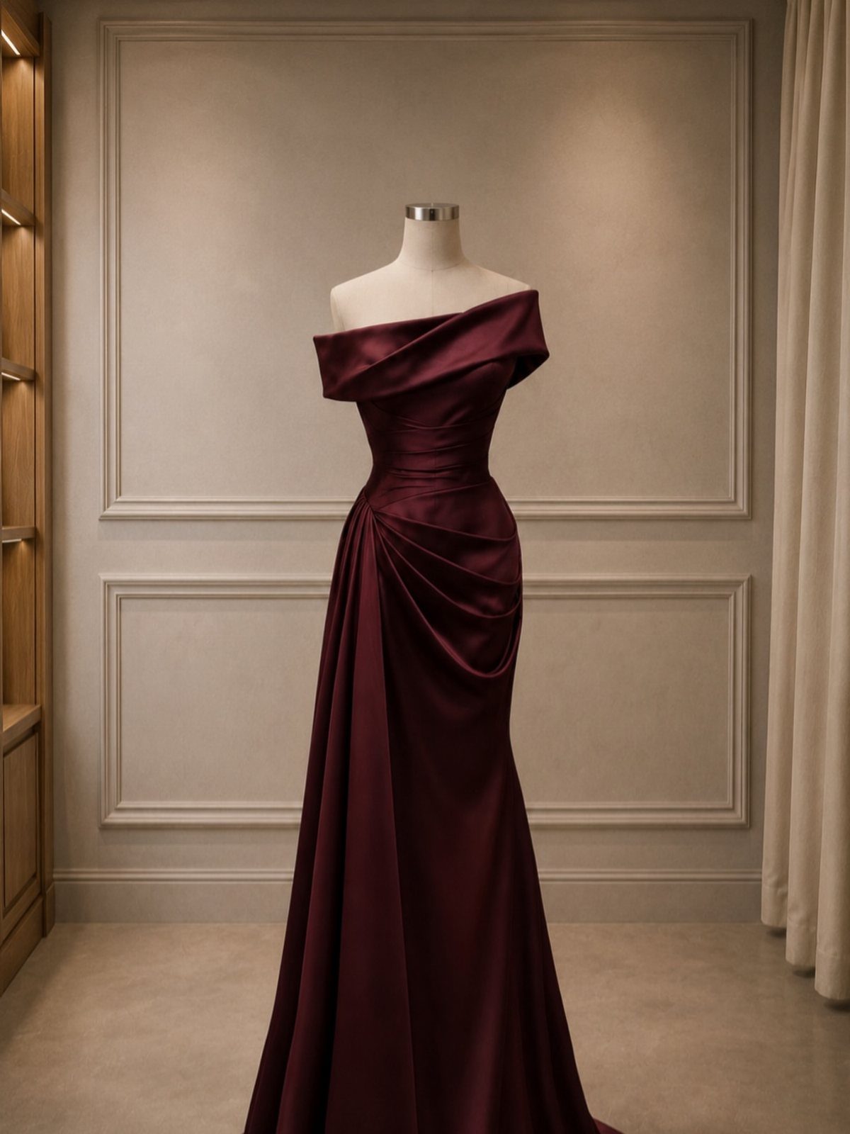 Burgundy satin off-the-shoulder gown displayed on a mannequin against a grey wall.