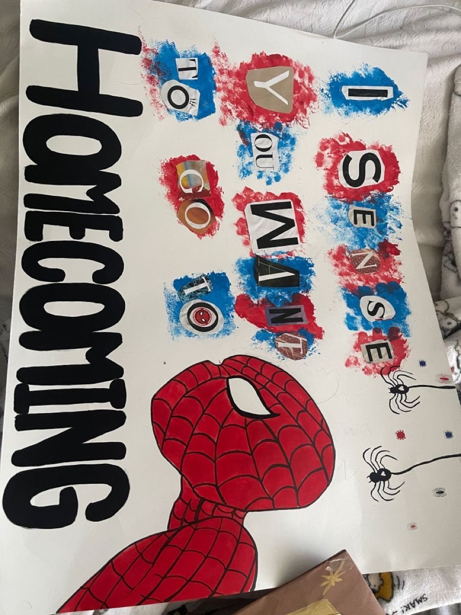 Spider-Man themed homecoming proposal poster with red and blue paint splashes and drawings.