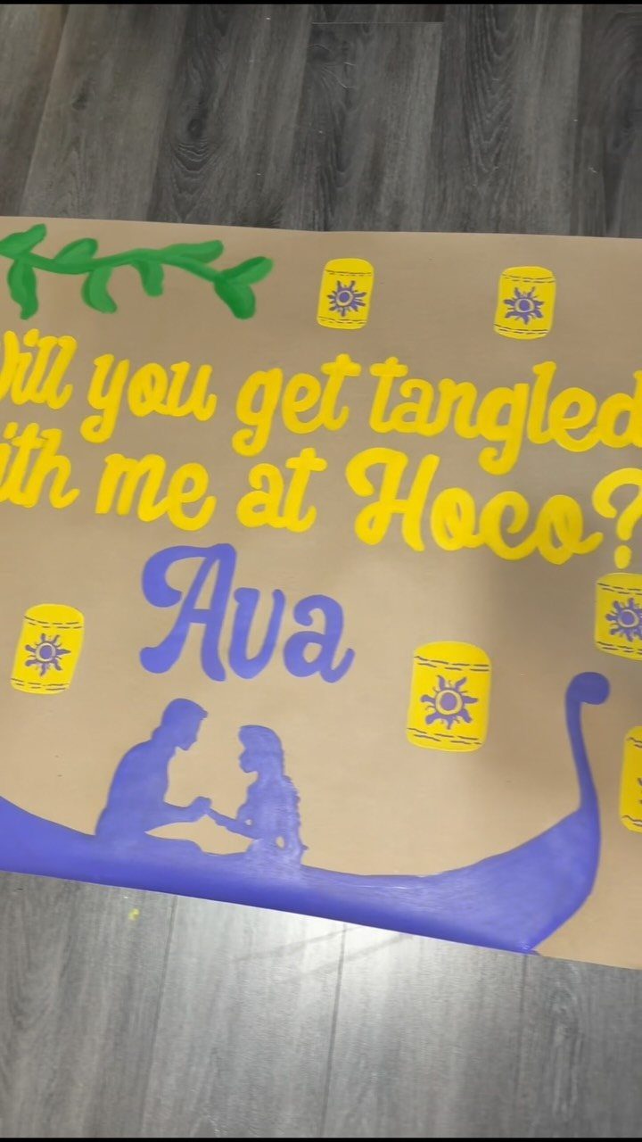 Homecoming proposal poster with Tangled theme, yellow text, and purple silhouettes of a couple.